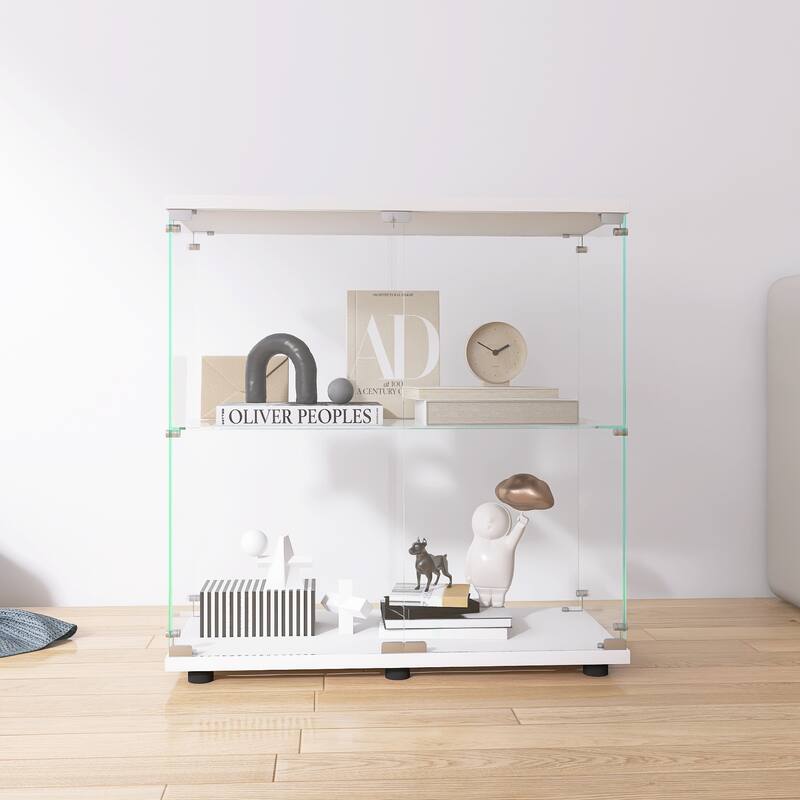 One-Door Glass Display Cabinet with 3 Shelves, Floor Standing Curio Bookshelf with Tempered Glass for Living Room Bedroom Office