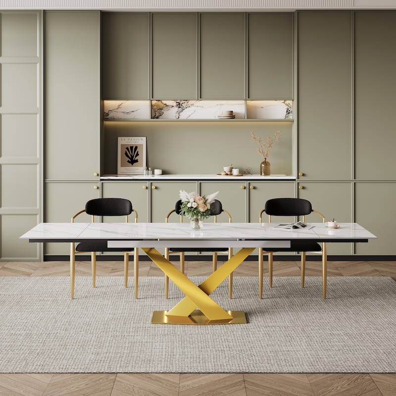 94.48" Modern Extendable Rectangular Sintered Stone Dining Table For 8 person - Snowy Mountain White&Space Gold
