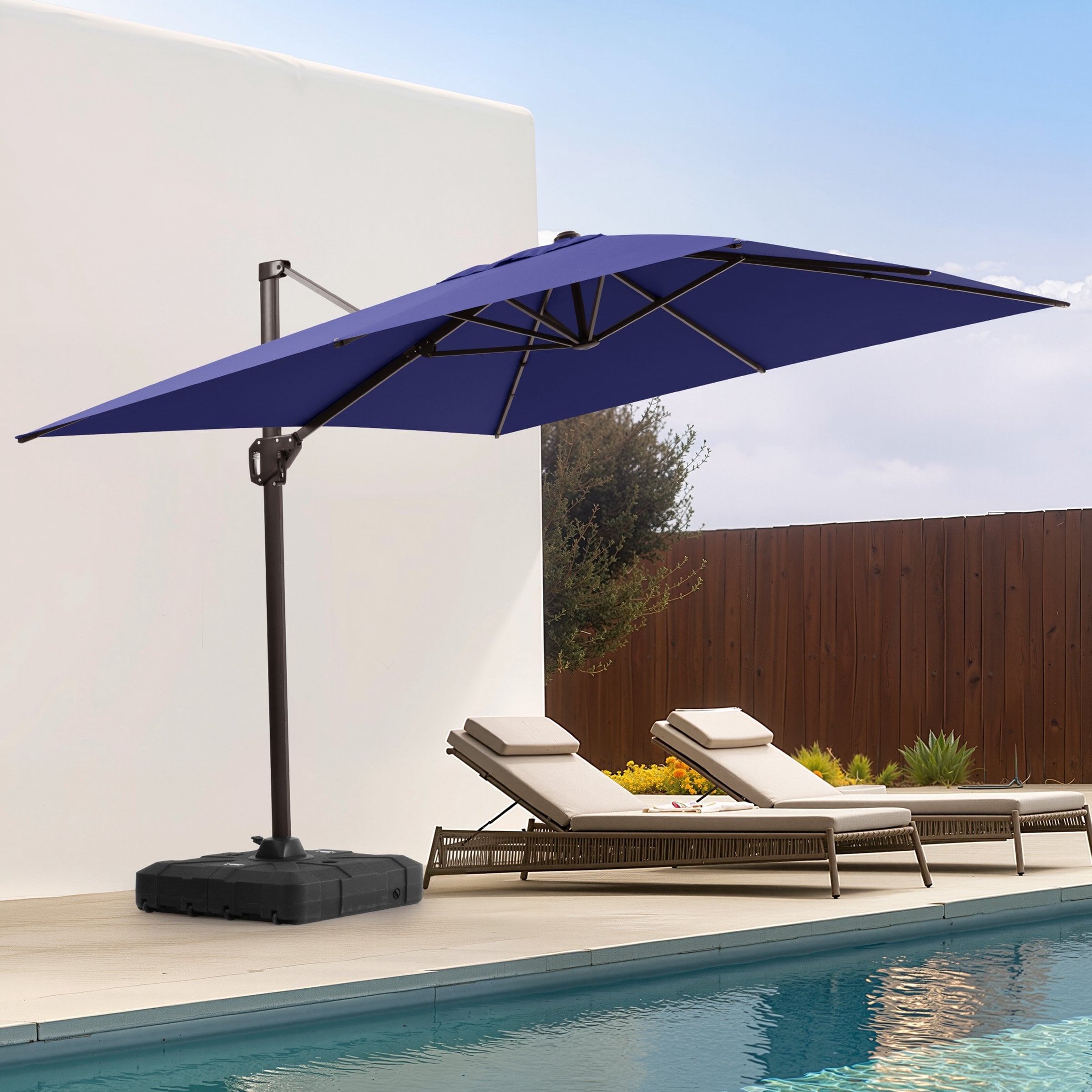 california umbrella navy offset 11-ft patio umbrella with base Elm 10 ft. Outdoor / Cantilever Hanging The sturdy HDPE base is equipped with four smooth 11 FT Outdoor Square Patio