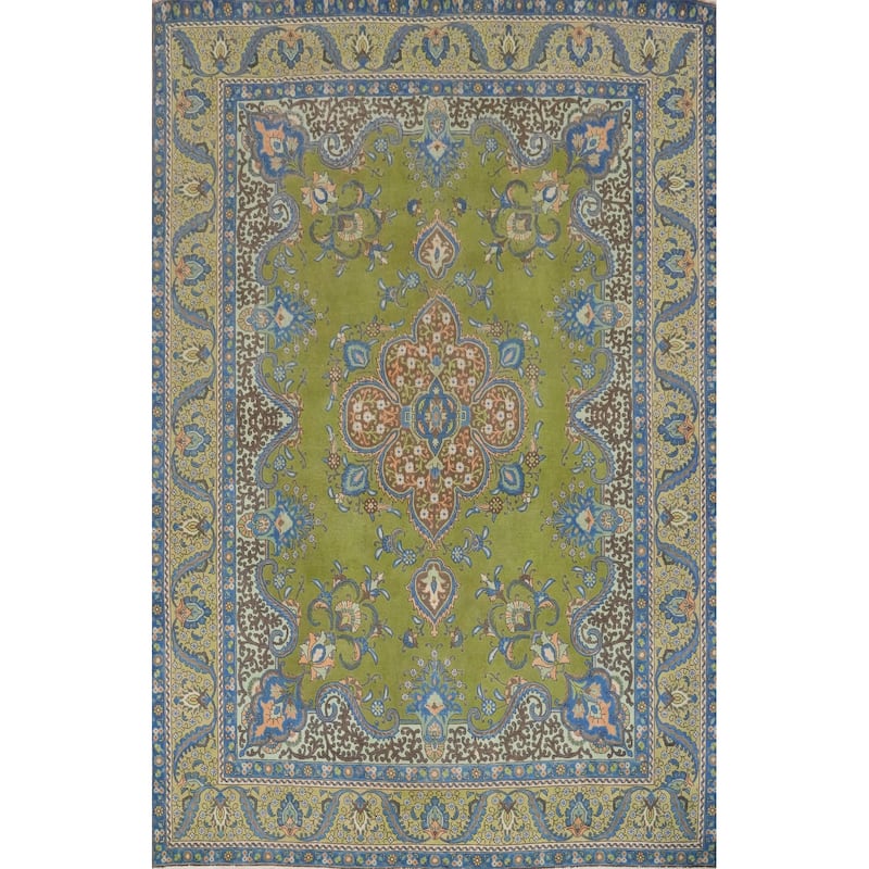 Hand Knotted Oriental 100% Wool Carpet Traditional Floral Green Tabriz Area Rug - 13' 2'' X 9' 10''