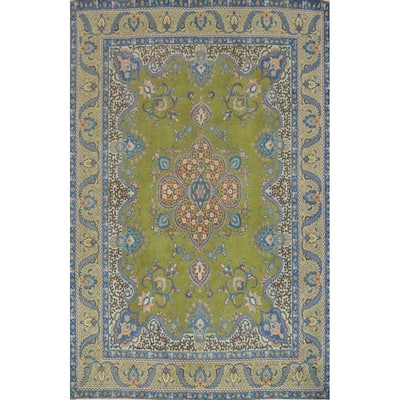 Hand Knotted Oriental 100% Wool Carpet Traditional Floral Green Tabriz Area Rug - 13' 2'' X 9' 10''