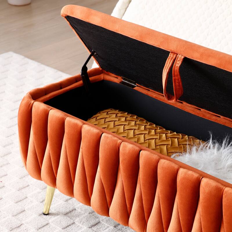 Oval Storage Bench with Gold Legs,Velvet Fabric Upholstered Ottoman Storage Benches for Bedroom End of Bed,Sherpa Fabric Bench