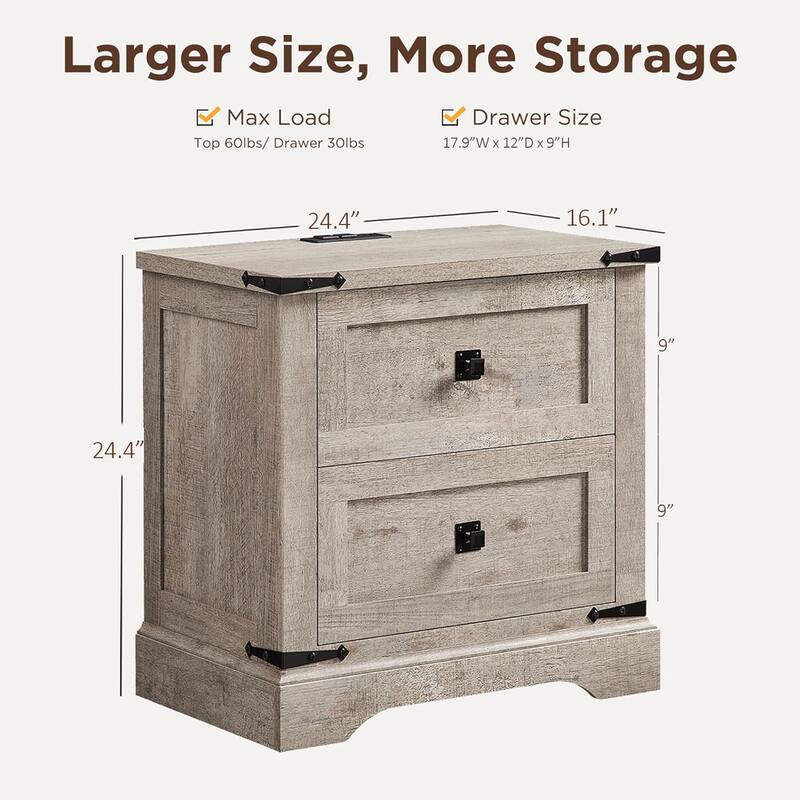 Farmhouse 2 Drawers Nightstand with Charging Station, Large End Table