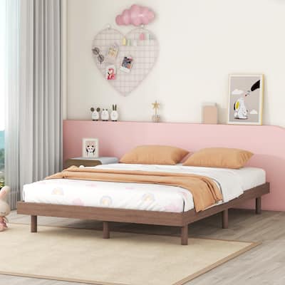 Brown Modern Full Floating Bed Frame in Washed Particle Board, High-Quality, No Box Spring Needed