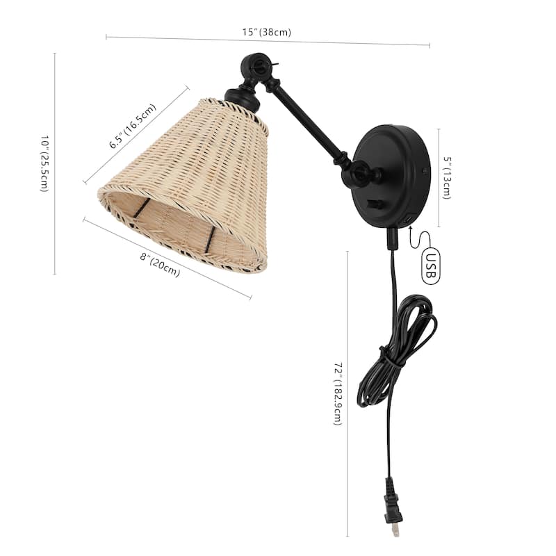 SAFAVIEH Lighting Oswynn Wall Sconce (Set of 2) - Black/Natural Rattan - 8"W x 15"D x 10"H