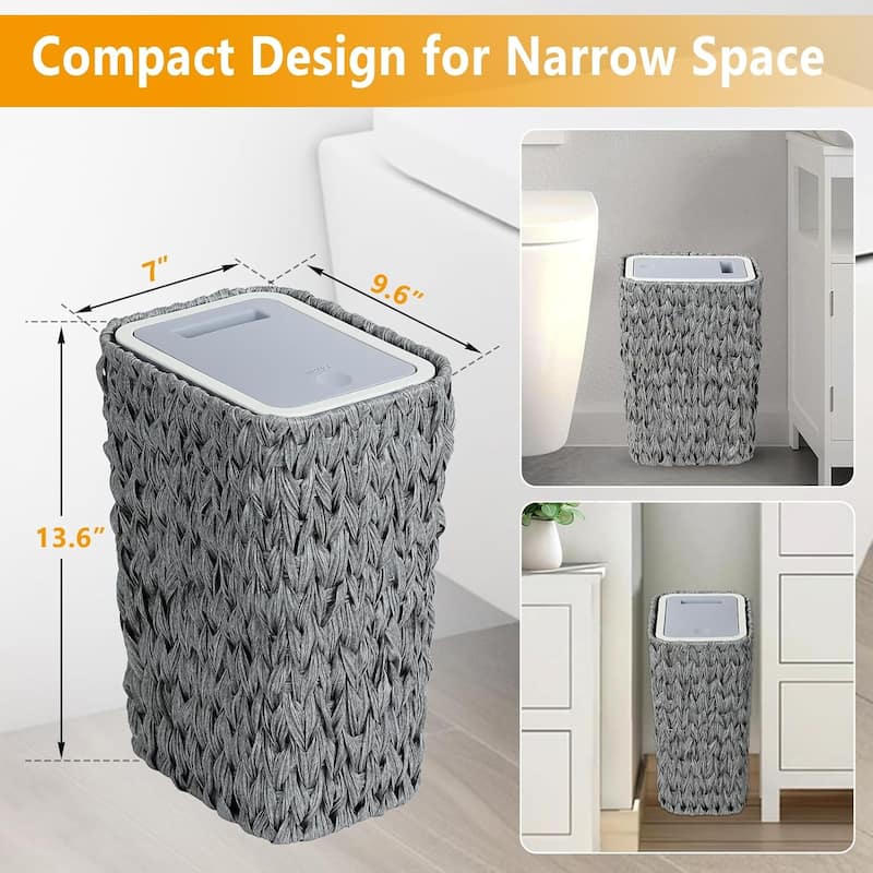 Bathroom Small Trash Can with Lid,2.6 Gallon Rattan Garbage Can with Press Top Lid,Double-Deck Slim Wicker Wastebasket Trash Can
