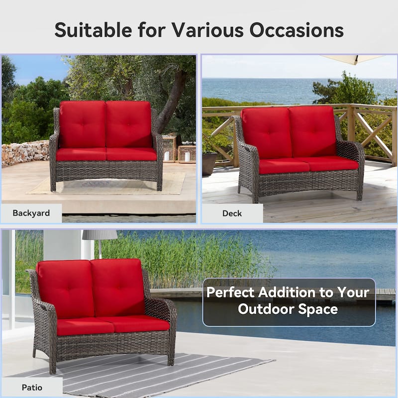 Cozywor Brown Wicker Outdoor Patio Loveseat with Cushions