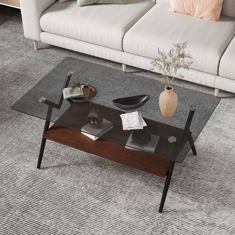 Rectangle Coffee Table with Tempered Glass Top and Shelf