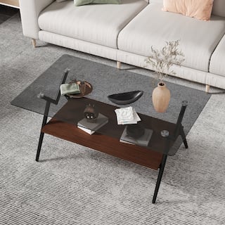 Rectangle Coffee Table with Tempered Glass top and Brown MDF Shelf, Modern Table for Living Room