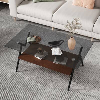 Rectangle Coffee Table with Tempered Glasstop and MDF Shelf, Modern Table for Living Room