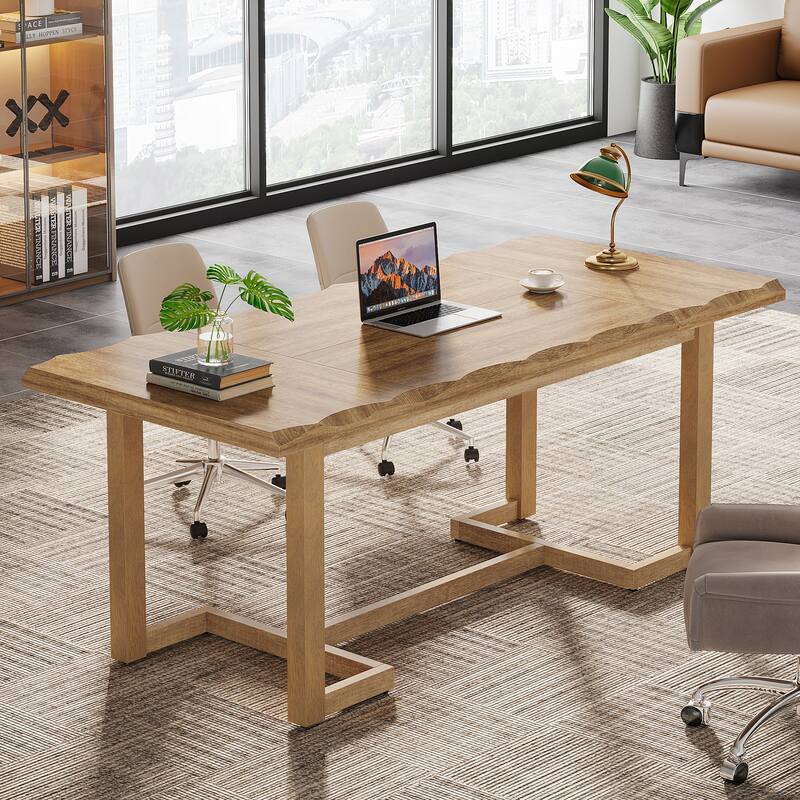 Rectangular Computer Desk, Writing Table with Solid Wood Legs, Executive Desk Workstation for Home Office, Work & Study