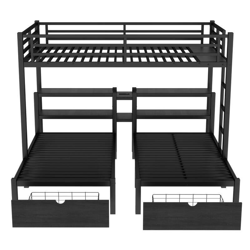 Roomfitters Full XL over Twin & Twin Metal Triple Bunk Bed with Drawers, Headboard Shelves & USB Ports, Black