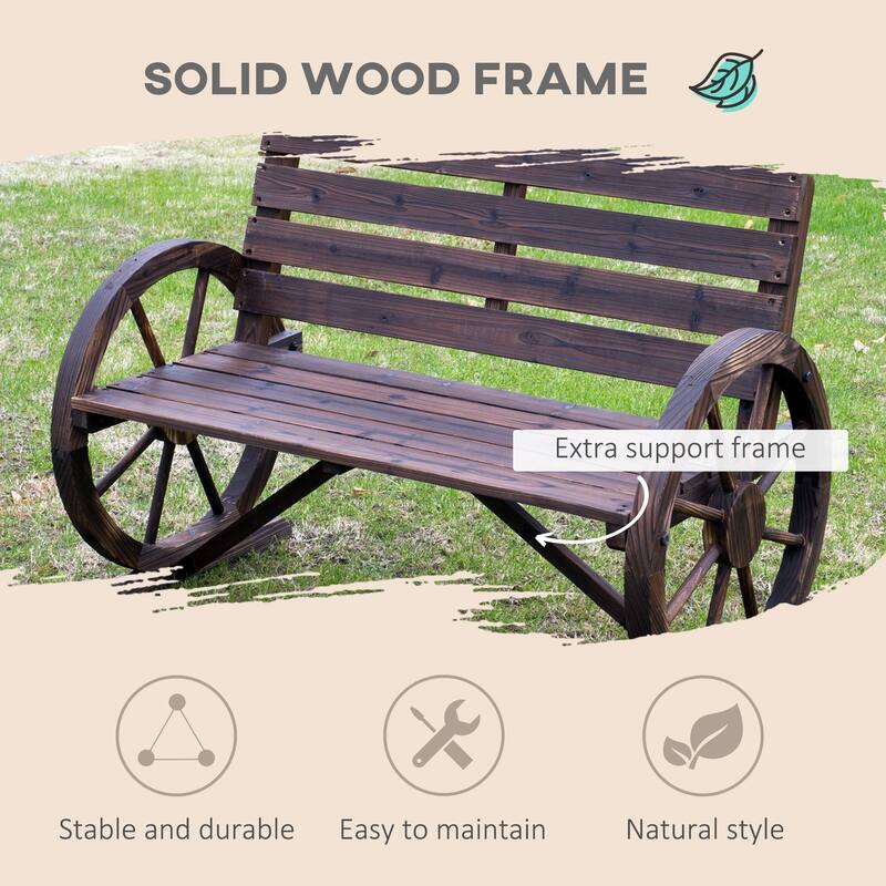 Outdoor Wooden Wagon Wheel Bench, Rustic Patio 2-Person Slatted Seat Bench with Backrest