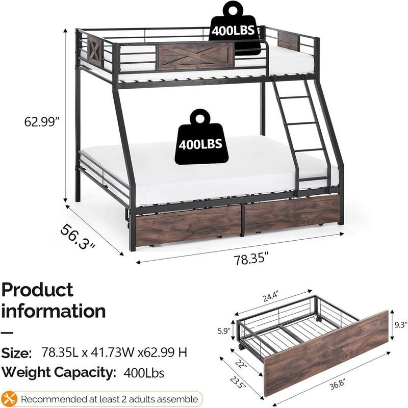 Black Iron Bunk Bed Twin Over Full with Safety Guardrail Ladder and Storage Drawers Ideal for Kids , Teens and adults