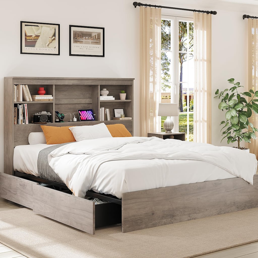 Full/Queen Bed Frame with Tall Bookcase Headboard & 4 Storage Drawers - Platform Bed with Charging Station