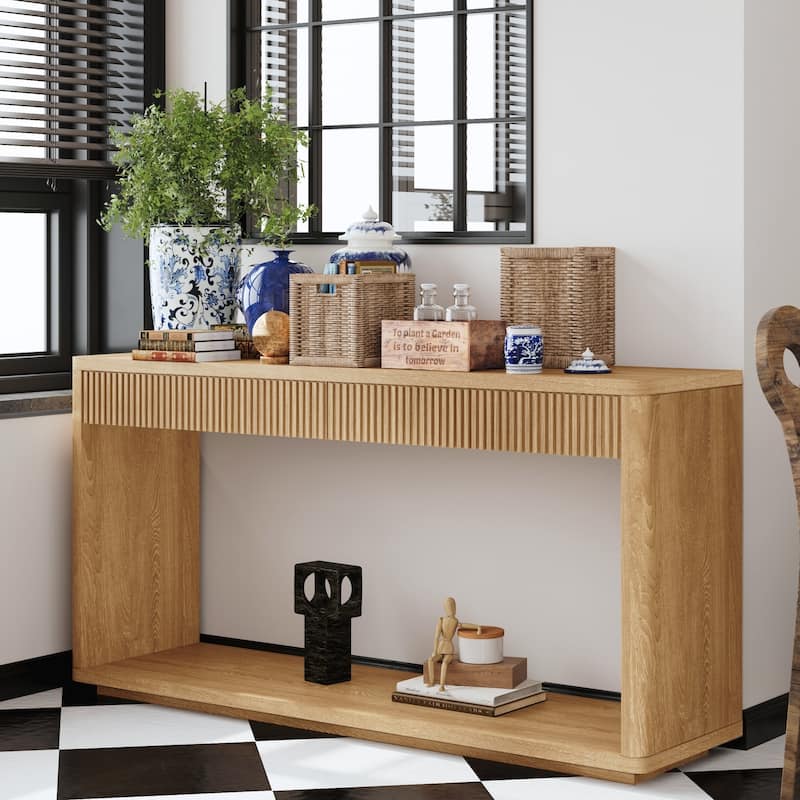 60" Modern 2-Drawer Fluted Console Table Natural Wood Veneer Sofa Table Behind Couch Table for Living Room, Hallway, Entryway