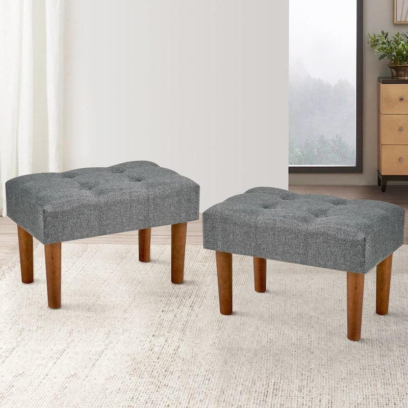 Javlergo Set of 1 or 2 Linen Ottoman Foot Rest with Wooden Legs Tufted Rectangle Upholstered Footstool for Couch Living Room - Set of 2 - Grey