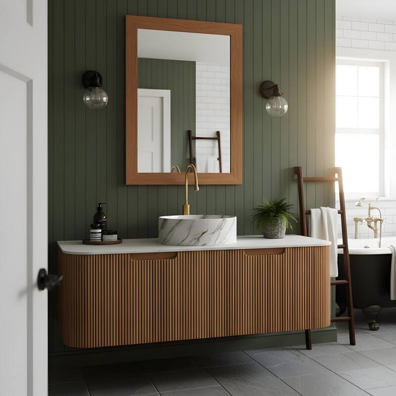 Floating Bathroom with Round Ceramic Basin and Storage Drawer