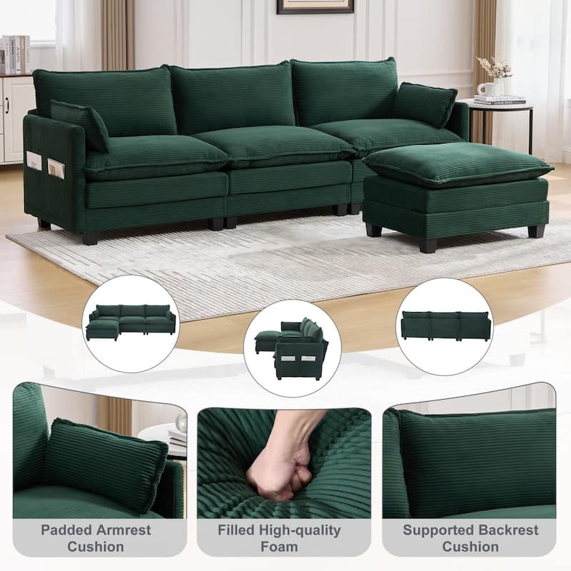 102.95" L-Shaped Corduroy Sectional Sofa with Movable Ottoman