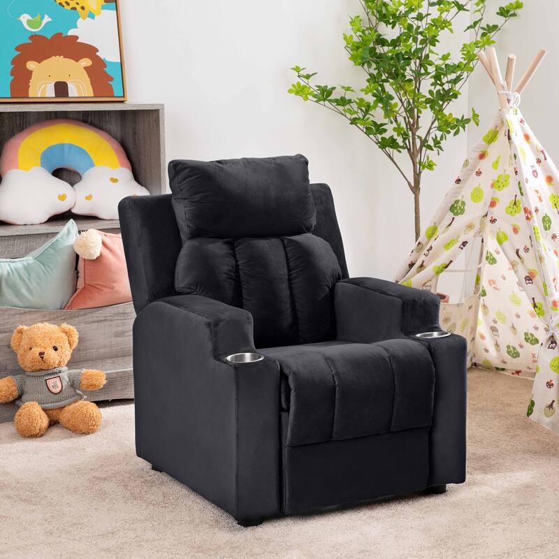 Deluxe Kids Recliner Chair with Footrest Headrest and 2 Cup Holders Microfiber Kids Recliner for Age 3+ Years - Black