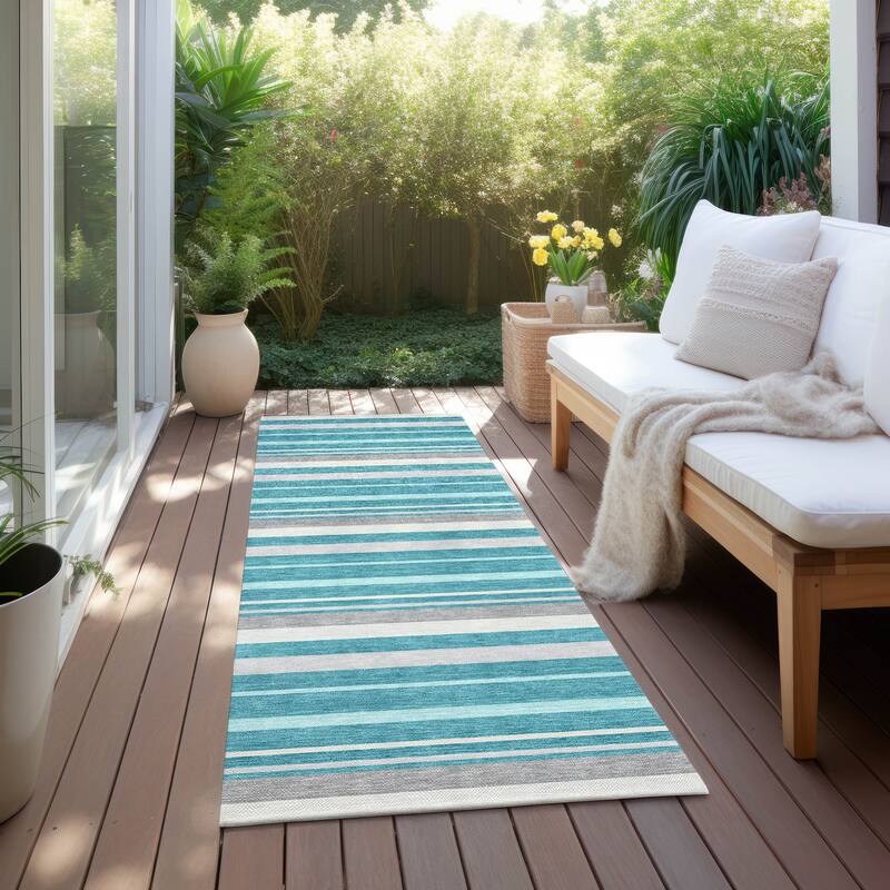 Machine Washable Indoor/ Outdoor Chantille Contemporary Stripes Rug - Teal - 2'3" x 7'6"