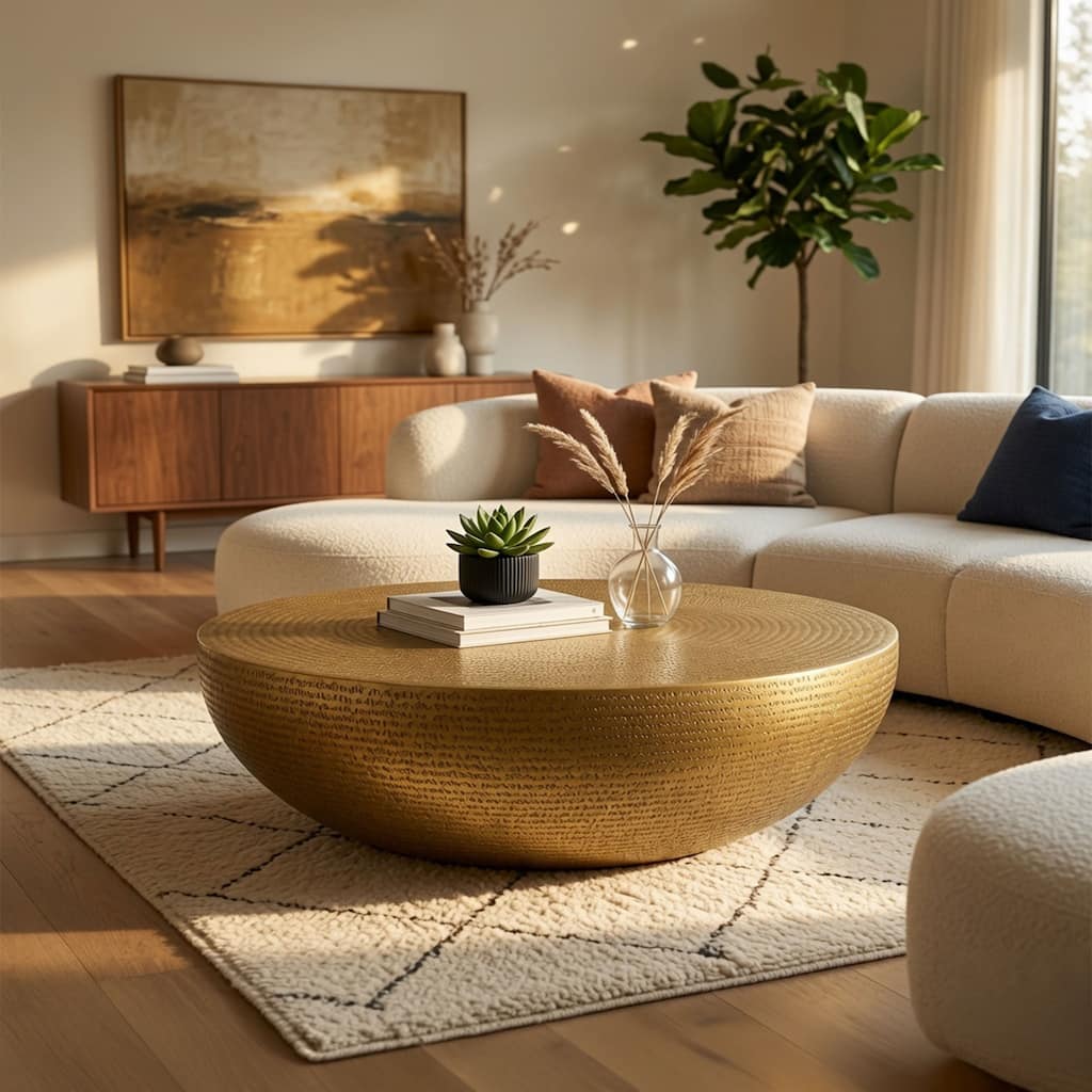 Terminus Coffee Table, 36 Inch Round Bowl Base with Hand Etched Texture, Antique Brass