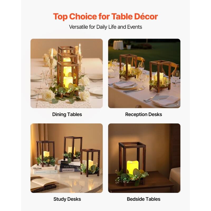 Wooden Wedding Lantern Set with LED Candles and Eucalyptus Wreath Rustic Cedar Table