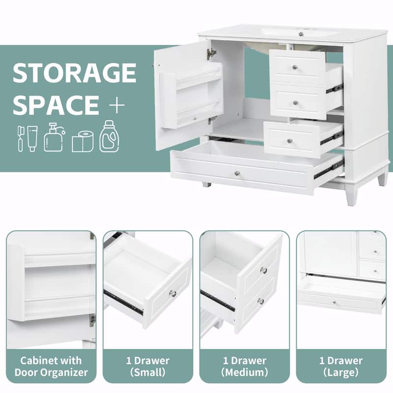 36" Bathroom Vanity with Ceramic Sink, MDF & Solid Wood Base, 3 Drawers and Cabinet with Shelves