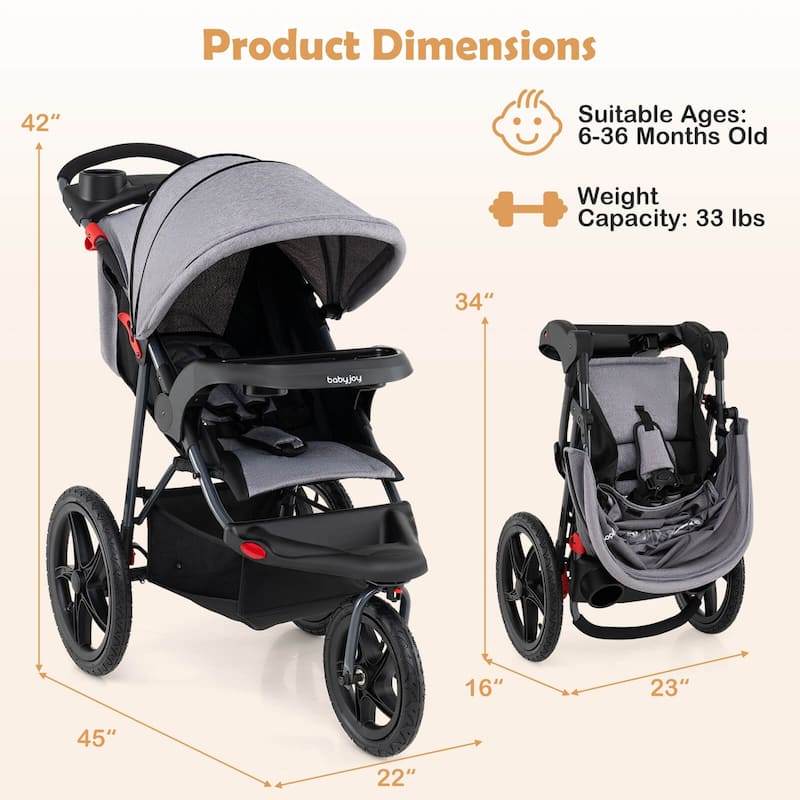 Babyjoy Jogging Stroller Foldable Jogger with Adjustable Canopy - See Details
