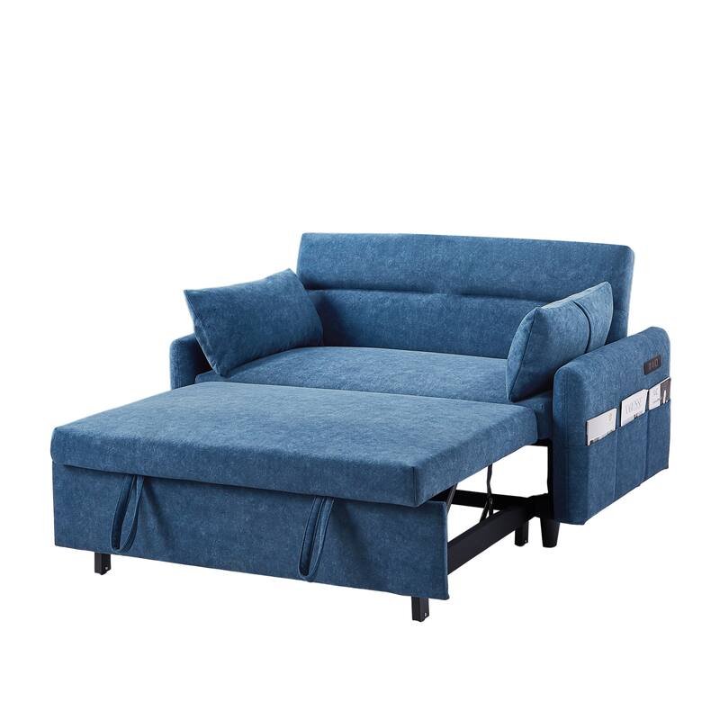 Loveseat Convertible Pull-out Sleeper Sofa Bed Adjustable Backrest Lounge Couch w2 Pillows & Storage Pockets, USB Ports