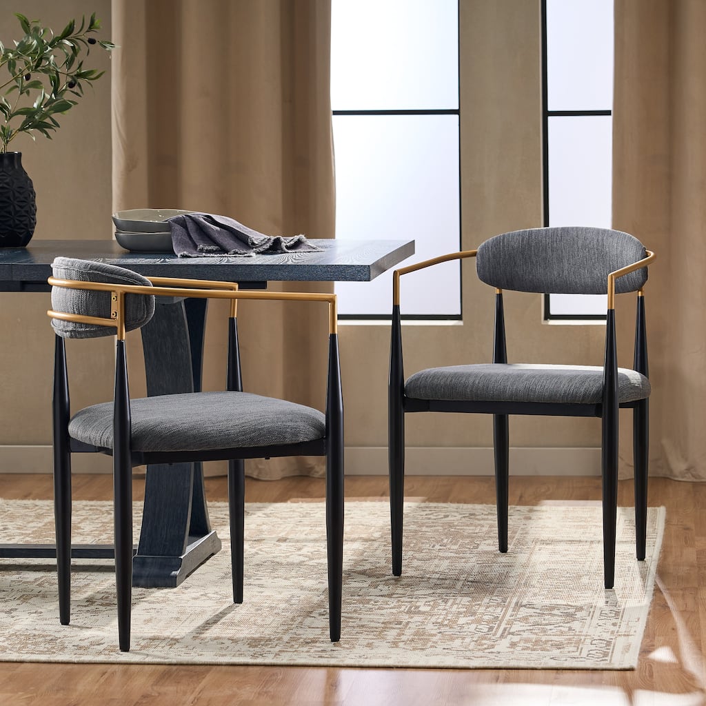 Upholstered Dining Chairs Set of 2 with Gold Trim Iron Frame and Open Backrest
