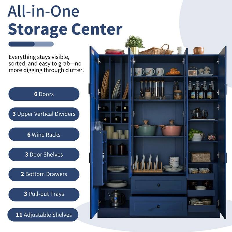 Modern 71" Tall Kitchen Pantry with Storage Cabinet, 6 Doors , Drawers, Adjustable Shelves,Pull-out Trays and Wine Rack