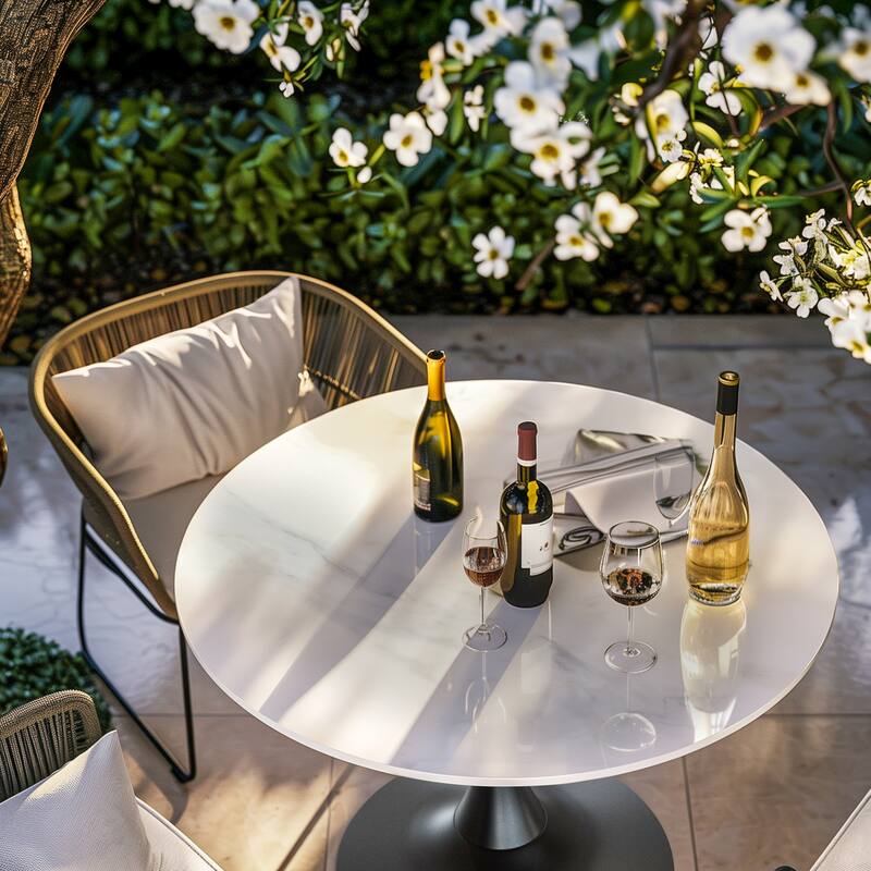 Round Dining Table Marble Modern Tulip Table Slate Tabletop with Metal Pedestal Base