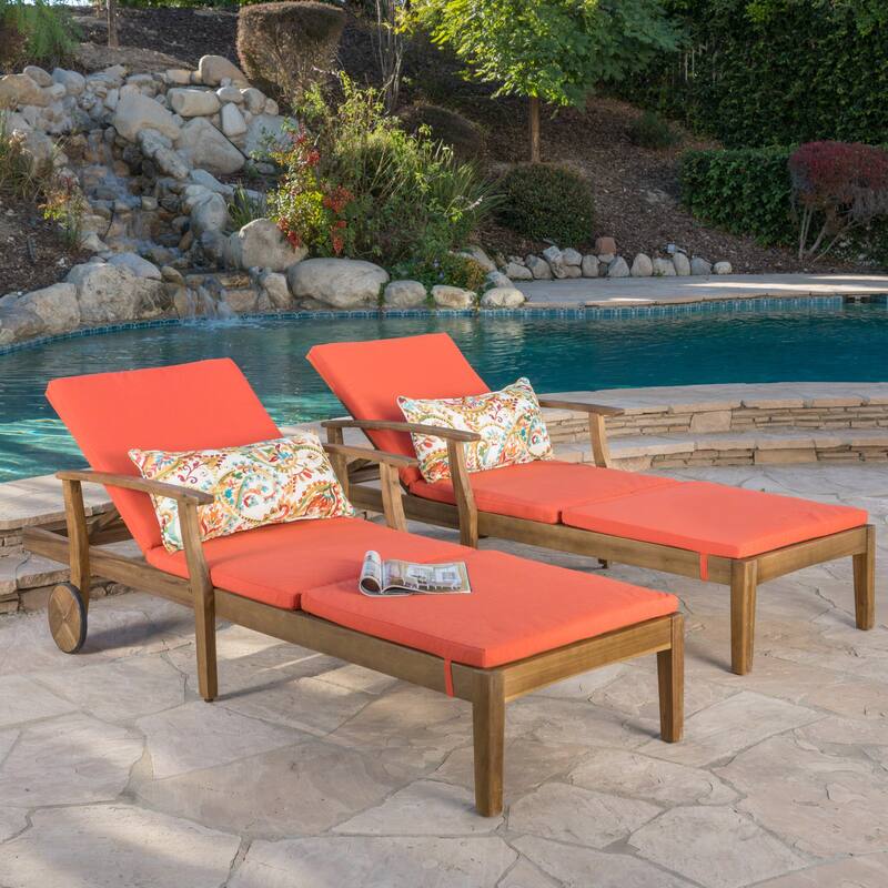Perla Acacia Wood Chaise Lounge (Set of 2) by Christopher Knight Home - Teak + Orange