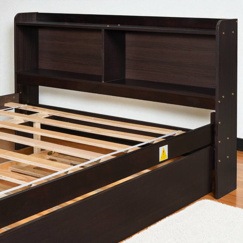 Twin/Full Bed Frame with Pull-Out Trundle and Bookcase Headboard, No Box Spring Needed
