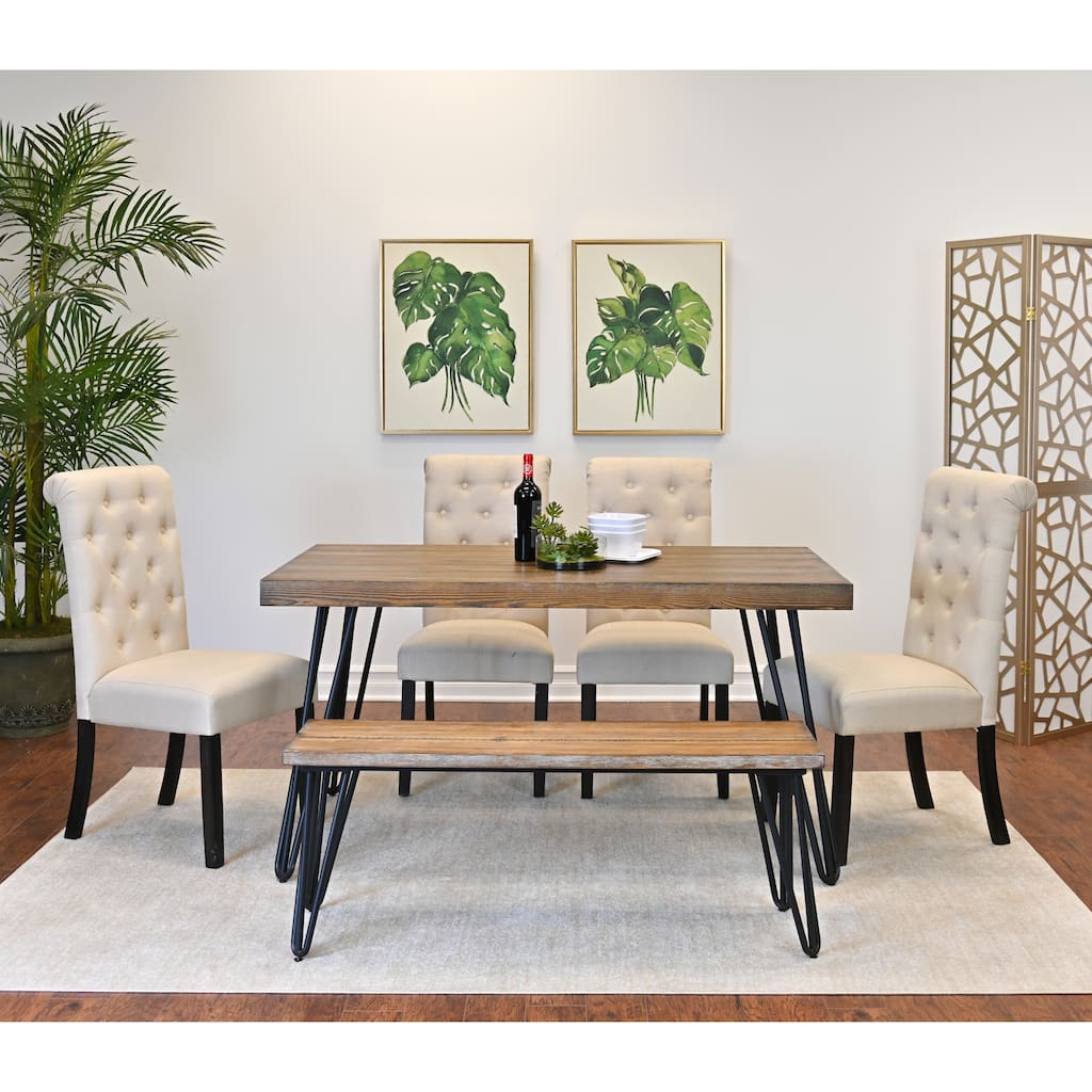 Simple Dining Table Set with Padded Seating Chairs and Bench