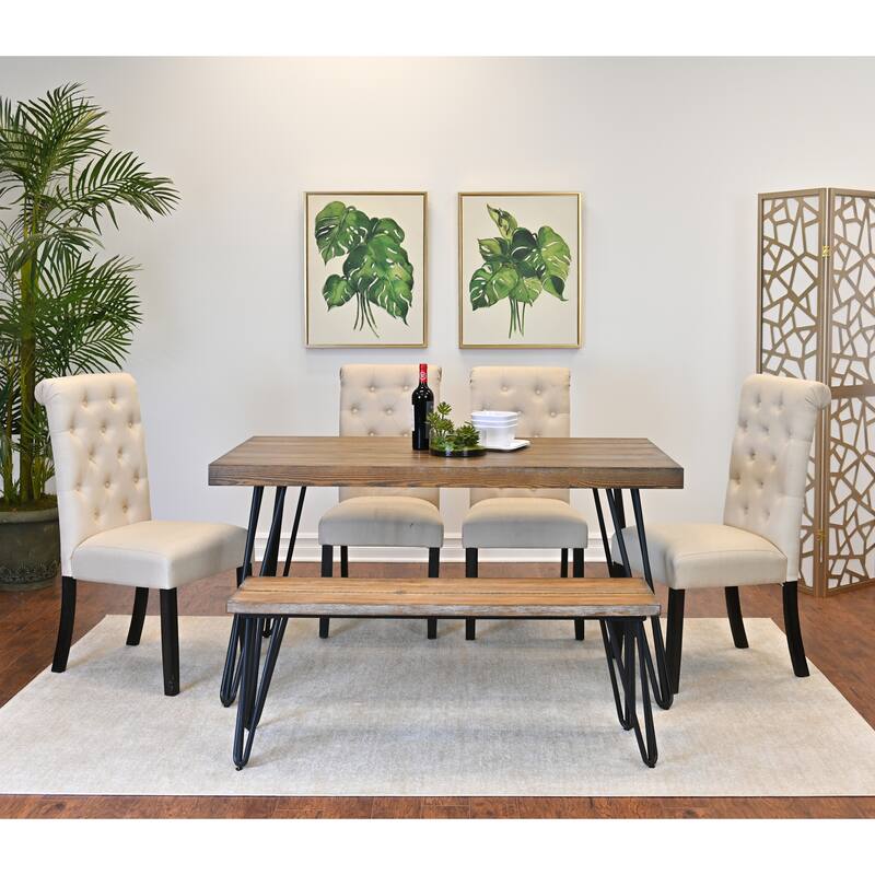 Simple Dining Table Set with Padded Seating Chairs and Bench - Brown