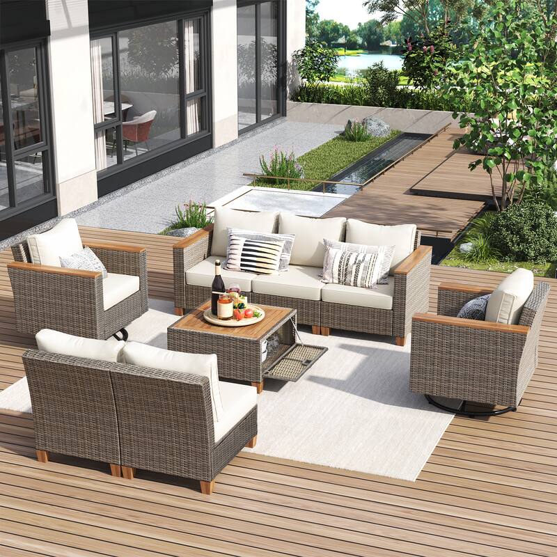 8-Piece Wicker Outdoor Patio Furniture Set w/ Acacia Storage Table Conversation Set for Backyard, Beach or Garden