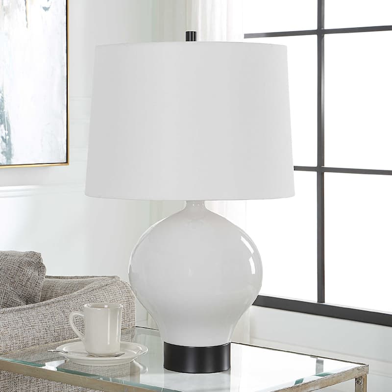 Glossy Collar Table Lamp with Tapered Shade - 26" - White and Black