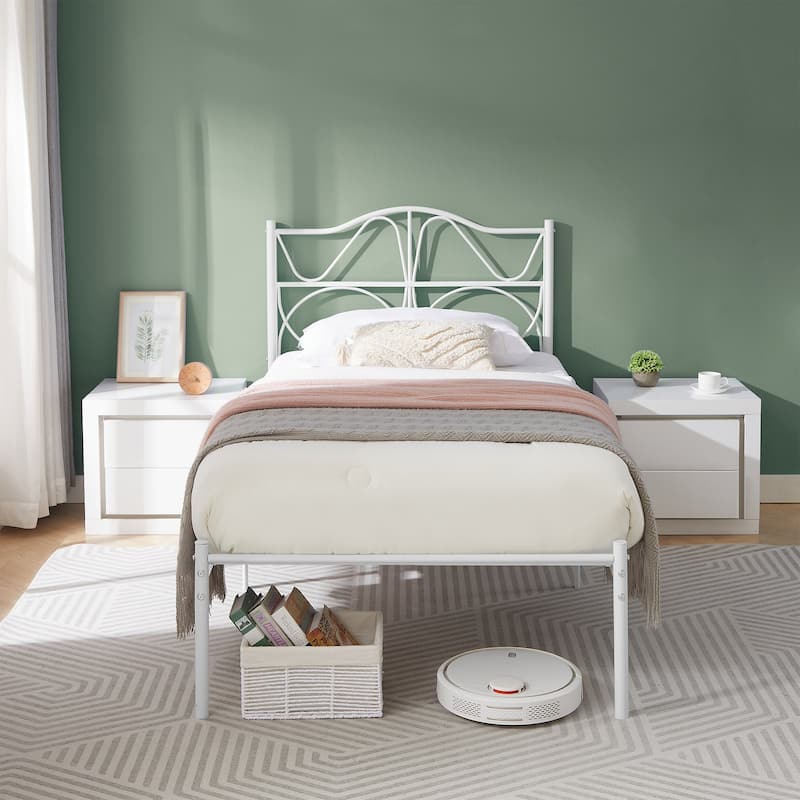 VECELO Metal Platform Bed Frame with Curved Headboard and Under-Bed Storage-No Box Spring Needed, Twin/Full/Queen Size - White - Twin