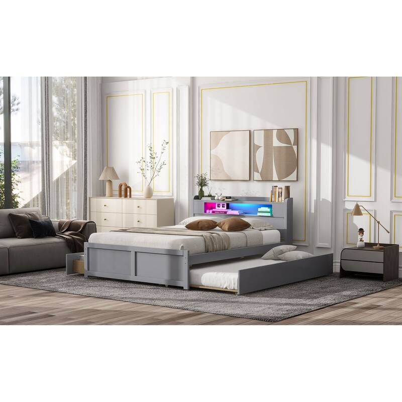 Queen Size Platform Bed with LED Headboard & 2 Drawers & Trundle, Grey