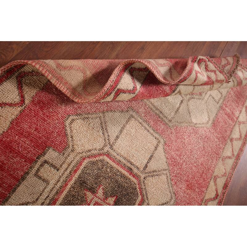 Pink & Red Geometric Anatolian Turkish Runner Rug Handmade Wool Carpet - 3'9"x 12'6"