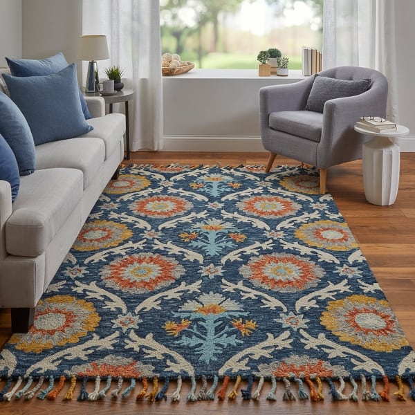 Calendra Tufted Suzani Wool Rug, Dark Blue/Orange/Goldenrod, Area Rug