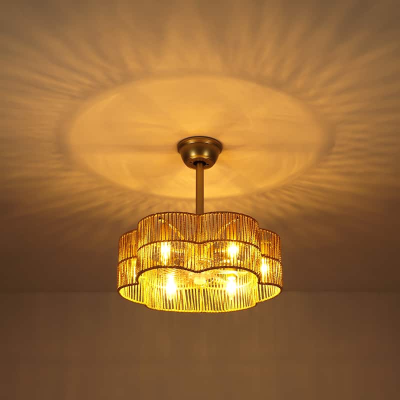 6-Light 19.6" Farmhouse Boho Gold and Brown 7-Blade Geometric Drum Ceiling Fan Lighting with Remote Included - Gold - 19.6 in. W x 7.6 in. H
