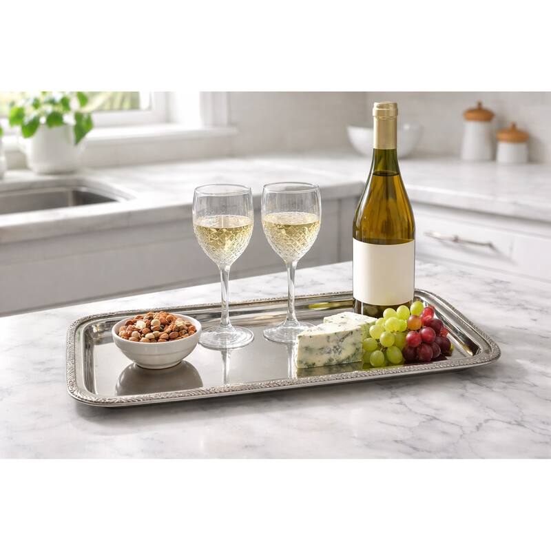 Rectangular Stainless Steel Tray with Designer Rim, 17x9.5"