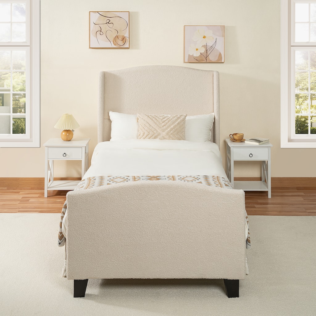 Upholstered Teddy Velvet 49.21" High Headboard Twin Size Bed Frame with 27.17" High Footboard