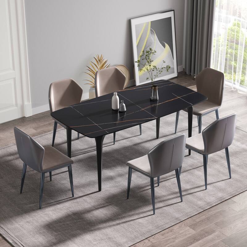70.87"Modern artificial stone curved black metal leg dining table-can accommodate 6-8 people
