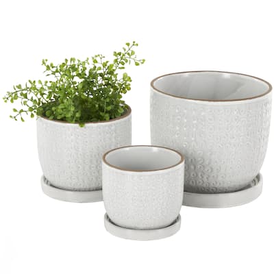 Ceramic Abstract Circle Patterned Indoor Outdoor Planter with Brown Accents and Base Tray - Set of 3 White - Roche River Decor