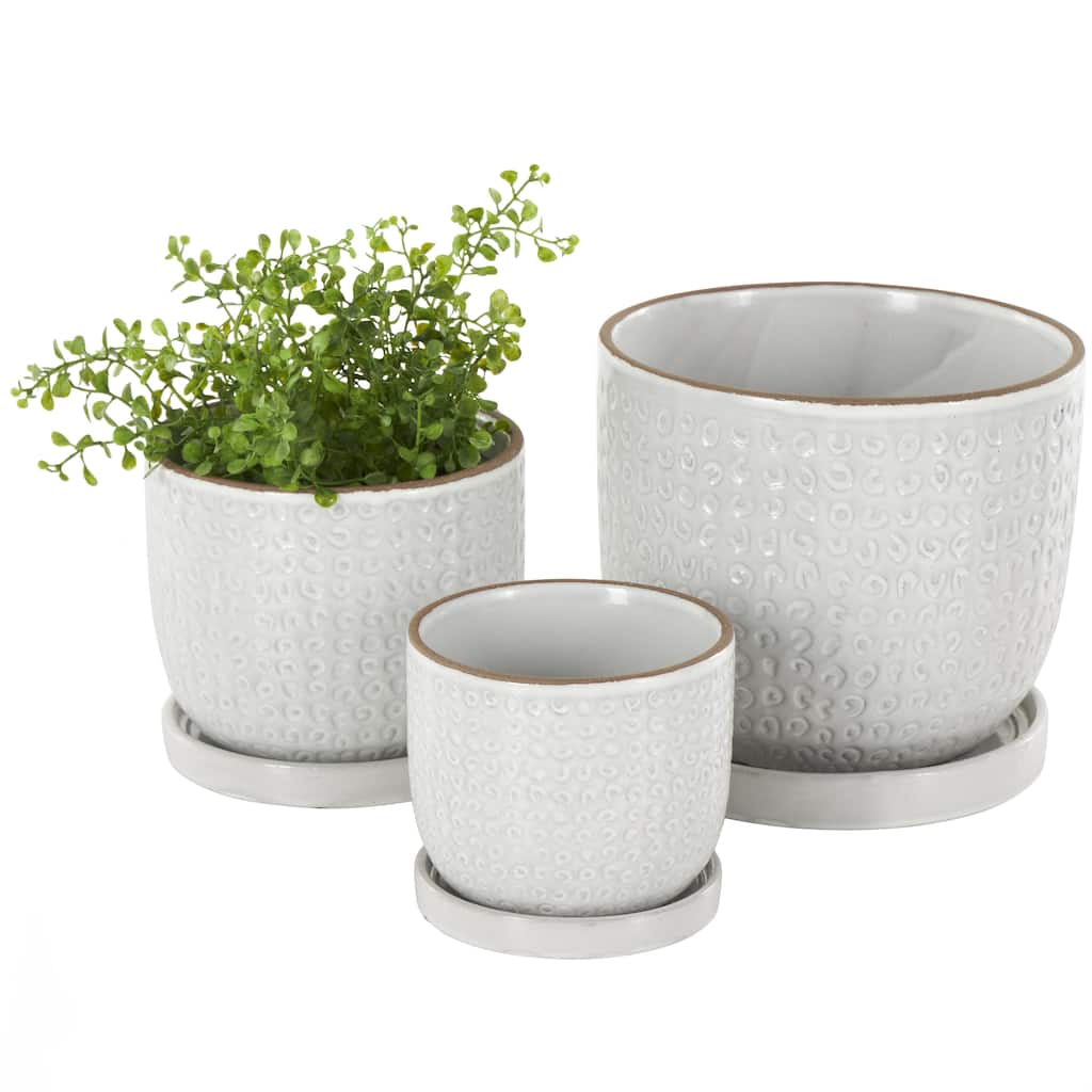 Ceramic Abstract Circle Patterned Indoor Outdoor Planter with Brown Accents and Base Tray - Set of 3 White - Roche River Decor