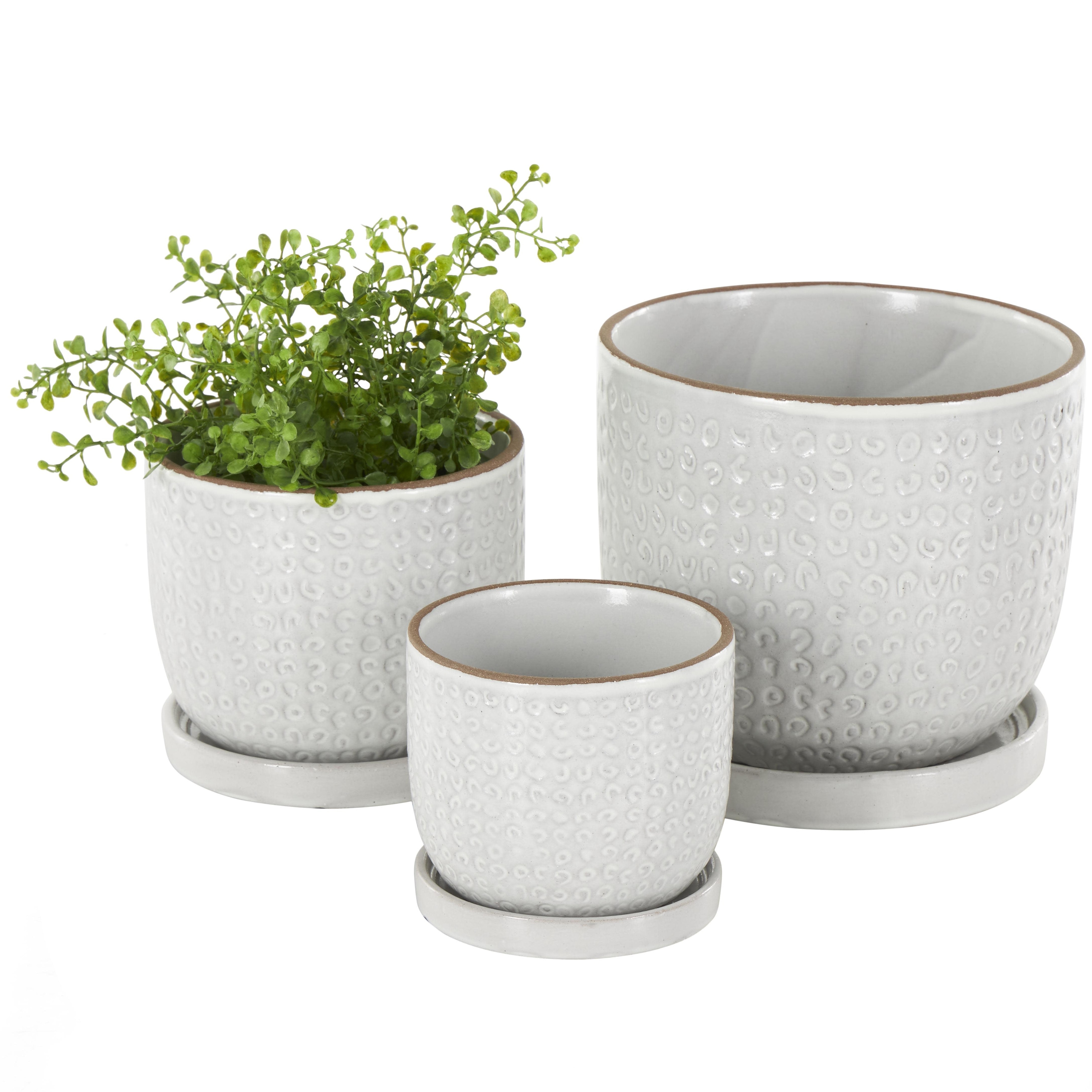Ceramic Abstract Circle Patterned Indoor Outdoor Planter with Brown Accents and Base Tray - Set of 3 White - Roche River Decor